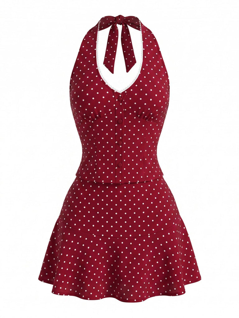 2 Pezzi Top Halter a Pois e Gonna Mini Rosso Anni '60 2