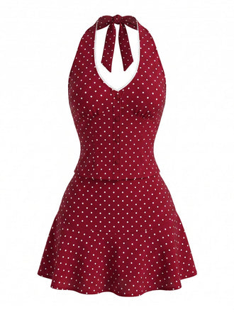 2 Pezzi Top Halter a Pois e Gonna Mini Rosso Anni '60 2