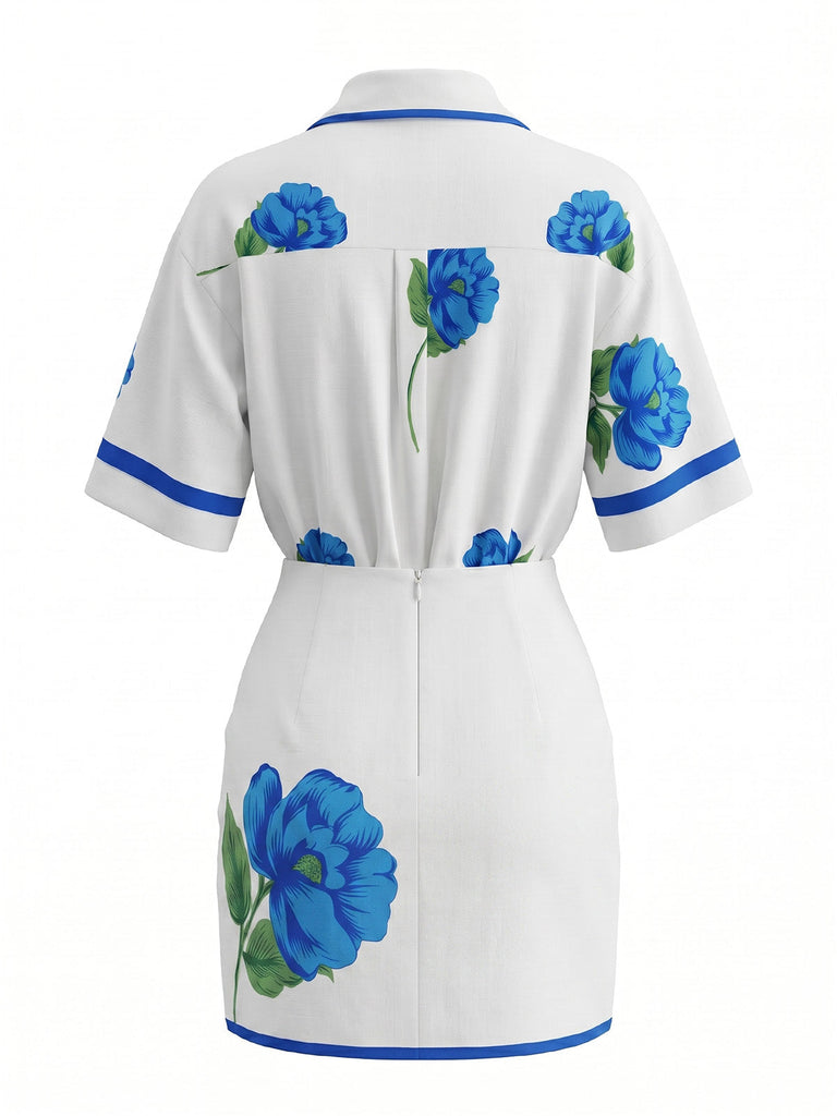 Set 2 Pezzi Blu Camicia Stampa Floreale e Minigonna Anni '60 3