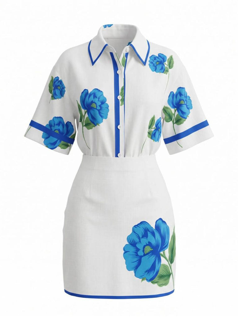 Set 2 Pezzi Blu Camicia Stampa Floreale e Minigonna Anni '60 2