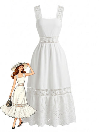 Abito Midi Bianco Boho Ricamo Sangallo Anni '70