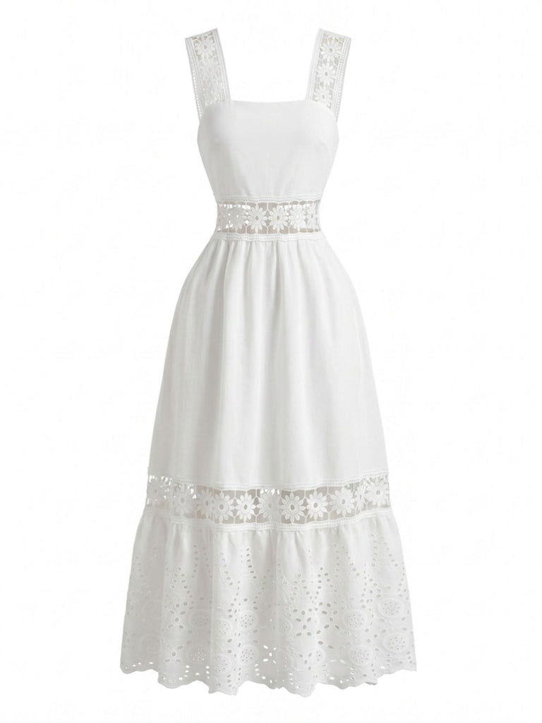 Abito Midi Bianco Boho Ricamo Sangallo Anni '70 2