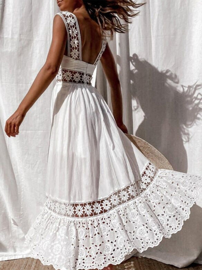 Abito Midi Bianco Boho Ricamo Sangallo Anni '70 4