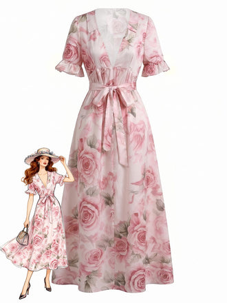 Abito Longuette Scollo a V Maniche con Volant Stampa Rose Rosa Anni '30