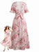 Abito Longuette Scollo a V Maniche con Volant Stampa Rose Rosa Anni '30