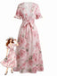 Abito Midi Rosa Anni '30 Stampa Rose con Volant e Maniche