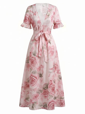 Abito Longuette Scollo a V Maniche con Volant Stampa Rose Rosa Anni '30 2