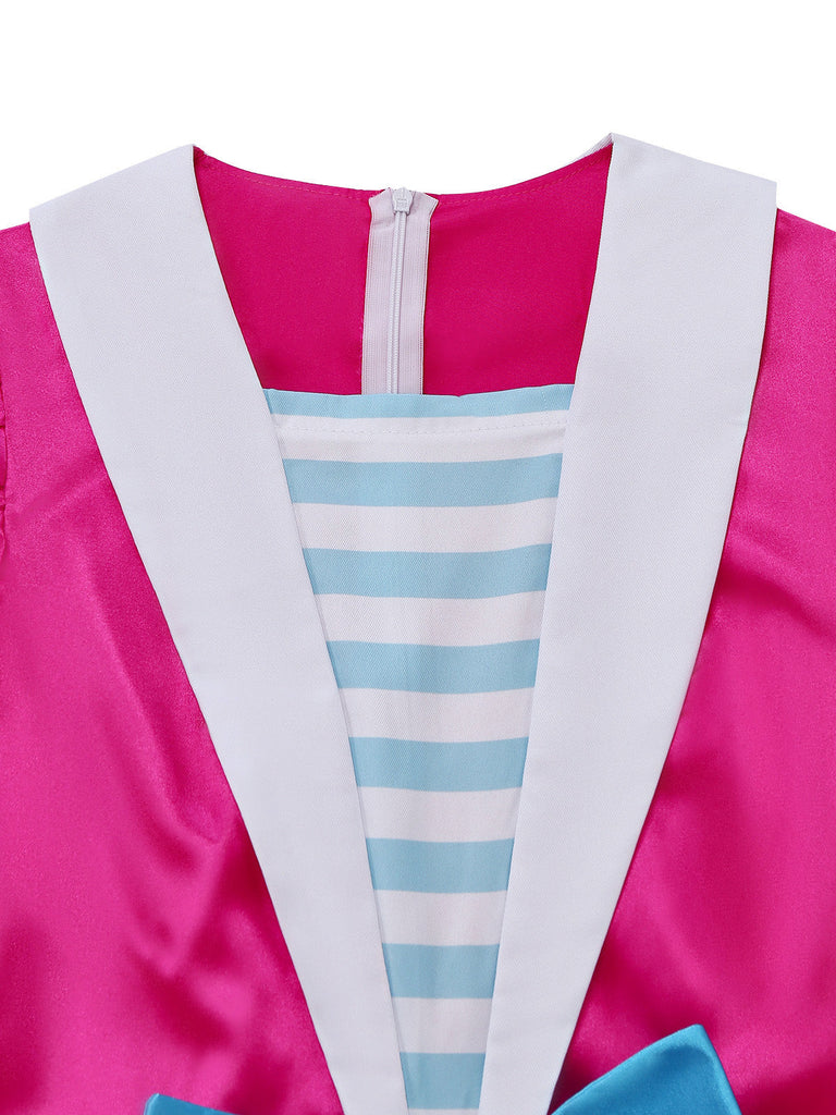Abito Rosa Anni '60 Festa Horror con Maniche a Sbuffo Revers Bianchi e Stile Travestimento 4