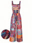 Tuta Lunga Multicolore Anni '70 Etnico Boho Floreale con Scollo Quadrato