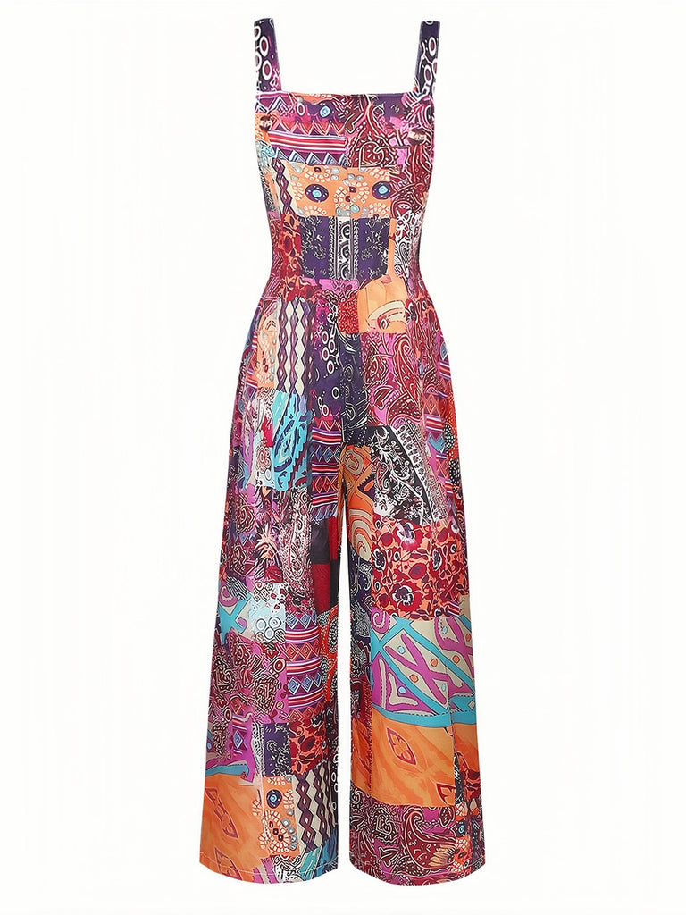 Tuta Lunga Multicolore Anni '70 Floreale Scollo Quadrato Etnico Boho Wide-leg 3