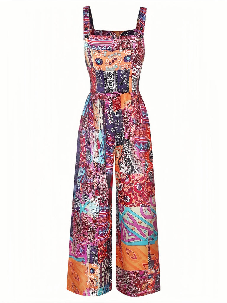 Tuta Lunga Multicolore Anni '70 Floreale Scollo Quadrato Etnico Boho Wide-leg 2