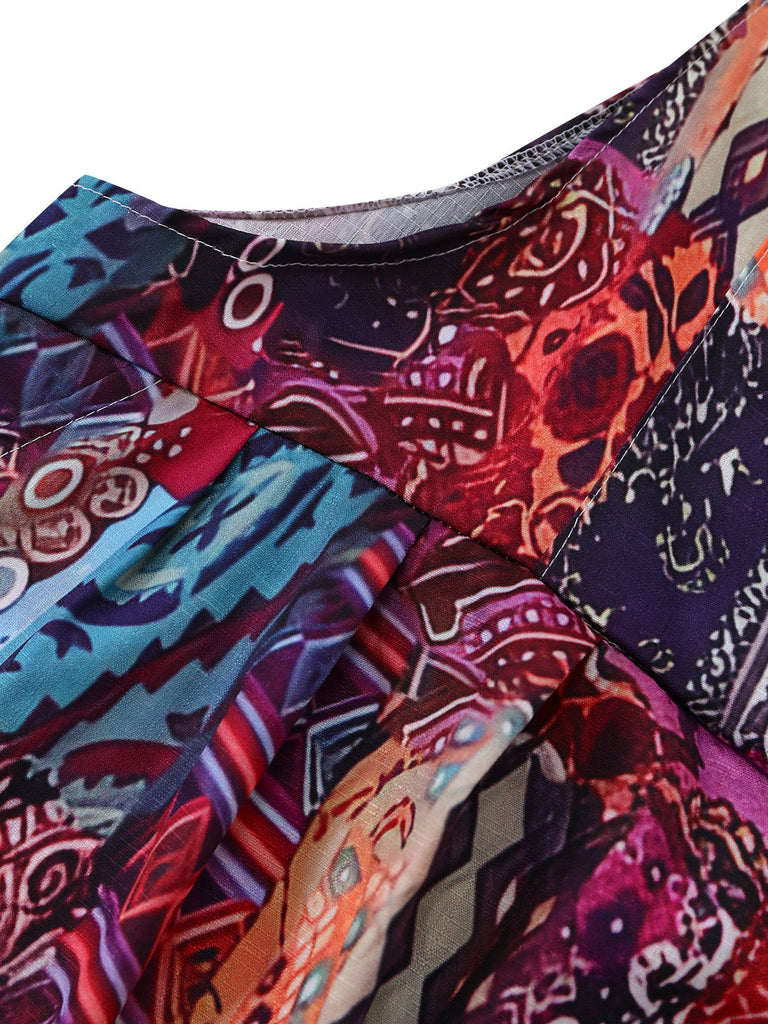 Tuta Lunga Multicolore Anni '70 Floreale Scollo Quadrato Etnico Boho Wide-leg 5