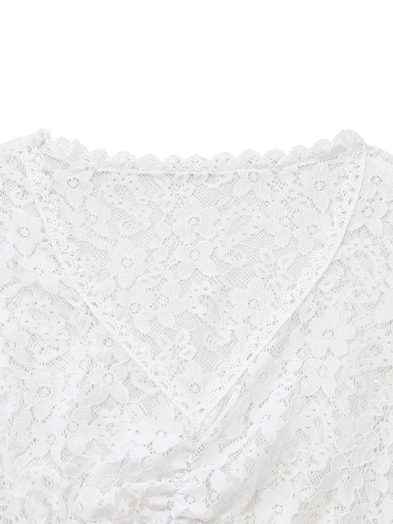 Top Bianco Anni '50 Floreale in Pizzo Long Sleeves Cropped 3