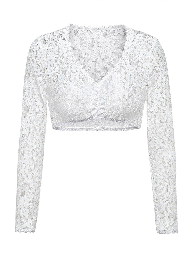 Top Bianco Anni '50 Floreale in Pizzo Long Sleeves Cropped