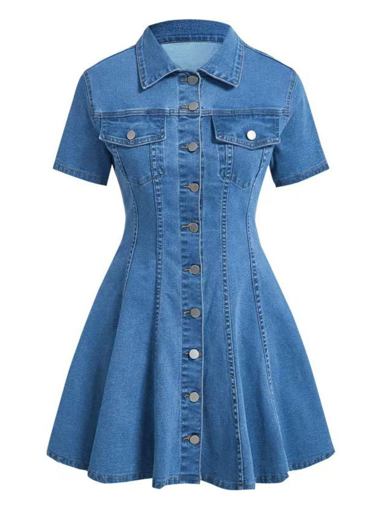 Abito Maniche Corte con Bottoni e Revers in Denim Blu Anni '50 6