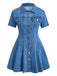 Abito Maniche Corte con Bottoni e Revers in Denim Blu Anni '50 6