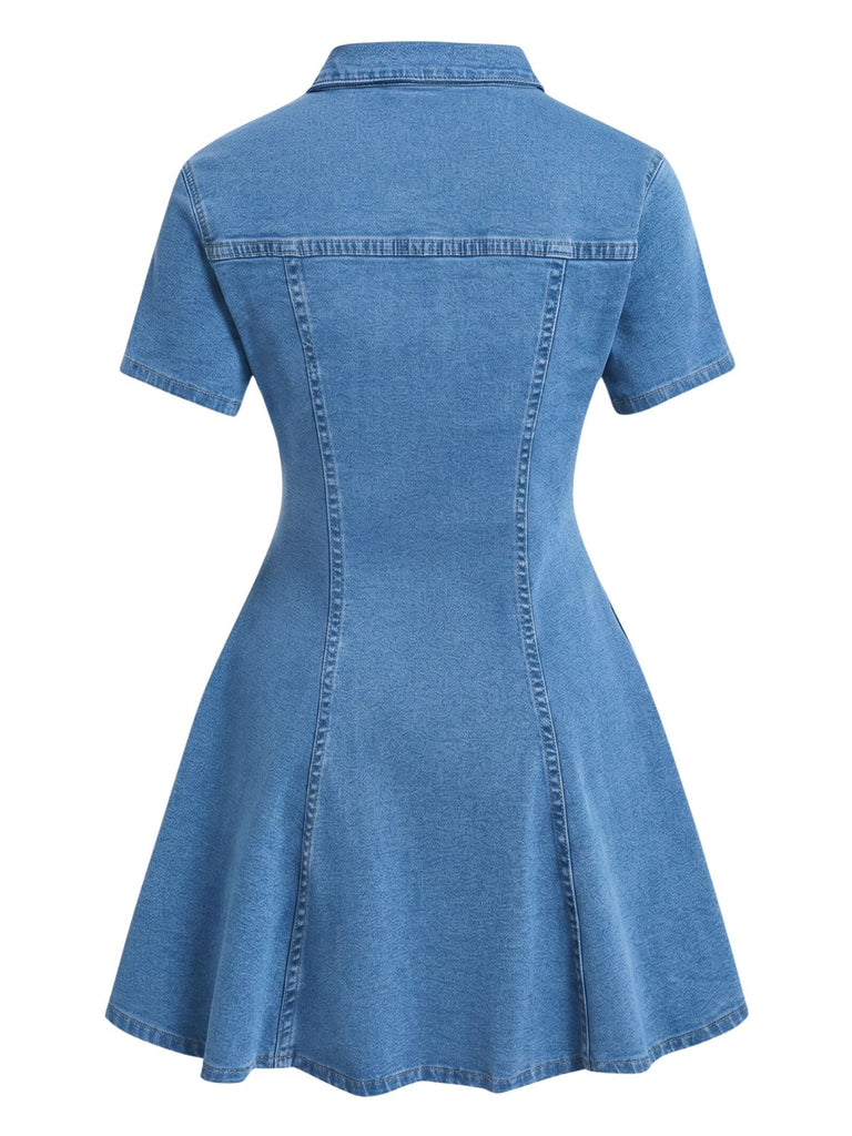 Abito Maniche Corte con Bottoni e Revers in Denim Blu Anni '50 7