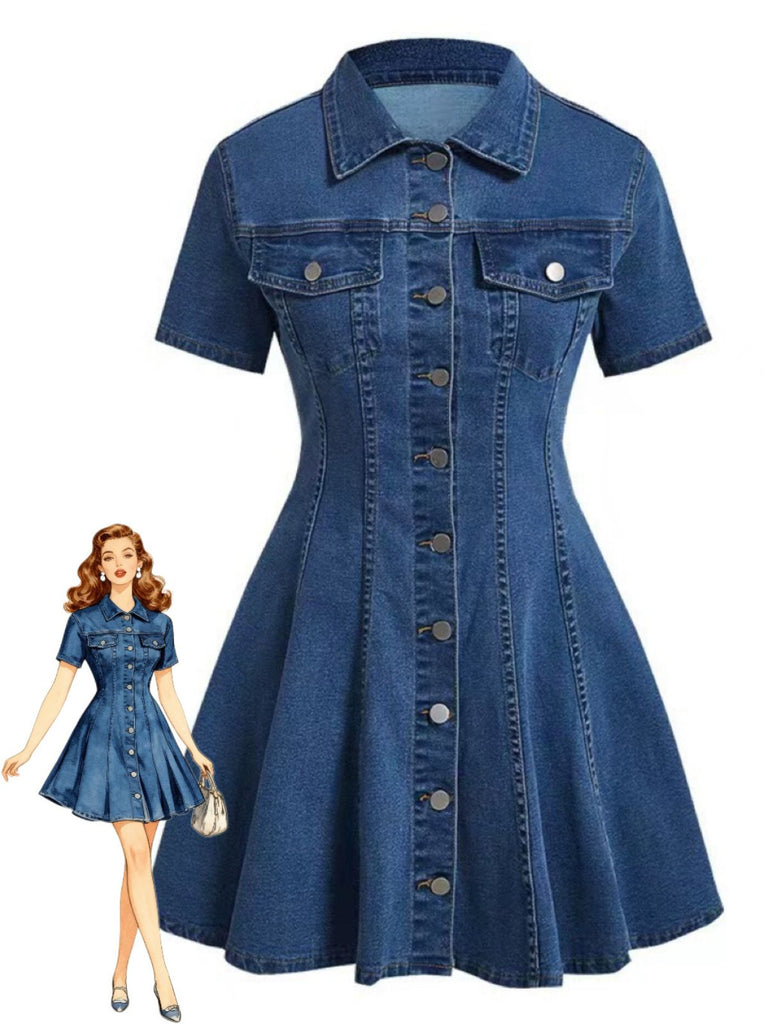 Abito Maniche Corte con Bottoni e Revers in Denim Blu Anni '50