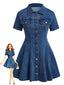 Abito Blu Anni '50 in Denim con Maniche Corte e Bottoni e Revers