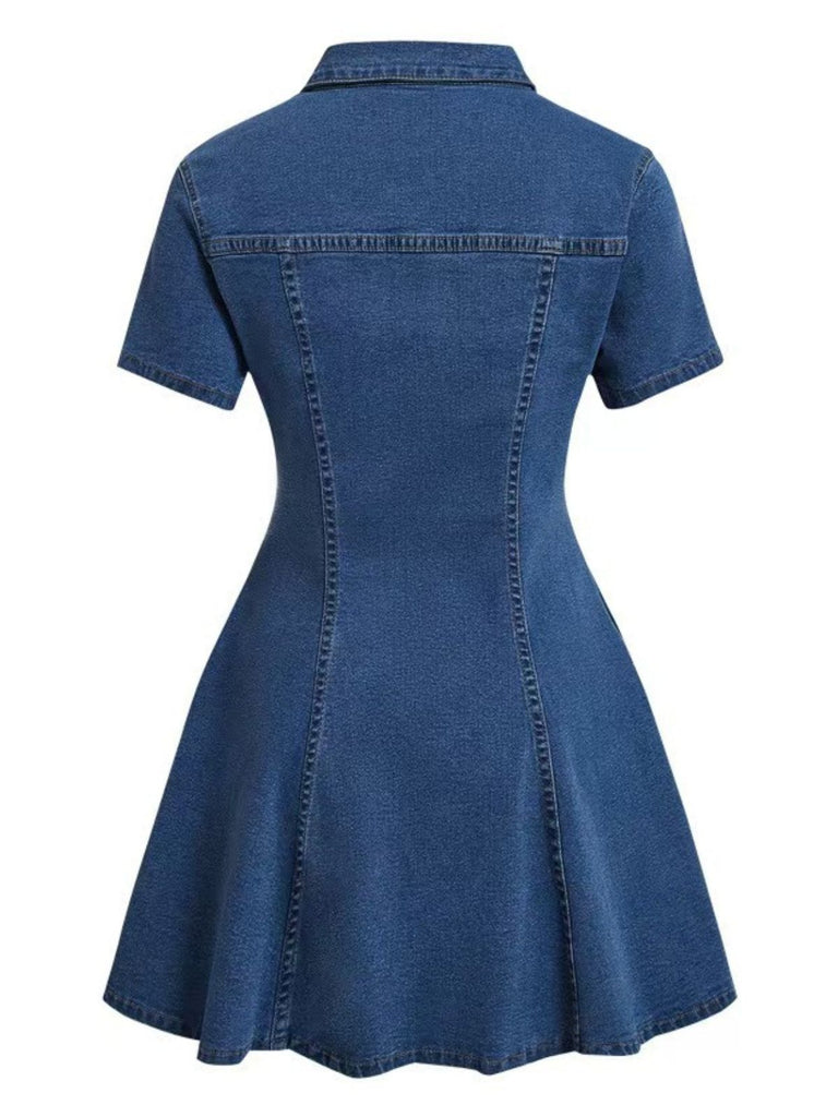 Abito Maniche Corte con Bottoni e Revers in Denim Blu Anni '50 3