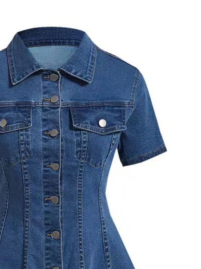 Abito Maniche Corte con Bottoni e Revers in Denim Blu Anni '50 4