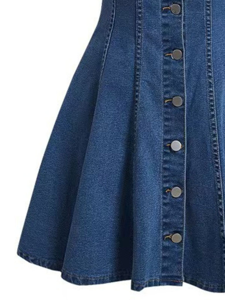 Abito Maniche Corte con Bottoni e Revers in Denim Blu Anni '50 5