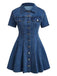 Abito Maniche Corte con Bottoni e Revers in Denim Blu Anni '50 2