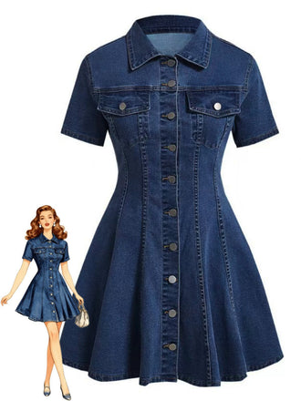 Abito Blu Anni '50 in Denim con Maniche Corte e Bottoni e Revers