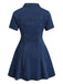 Abito Blu Anni '50 in Denim con Maniche Corte e Bottoni e Revers