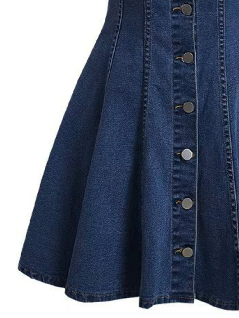 Abito Blu Anni '50 in Denim con Maniche Corte e Bottoni e Revers