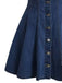 Abito Blu Anni '50 in Denim con Maniche Corte e Bottoni e Revers