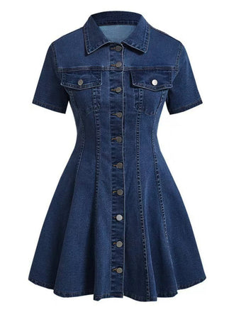 Abito Blu Anni '50 in Denim con Maniche Corte e Bottoni e Revers