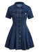 Abito Blu Anni '50 in Denim con Maniche Corte e Bottoni e Revers