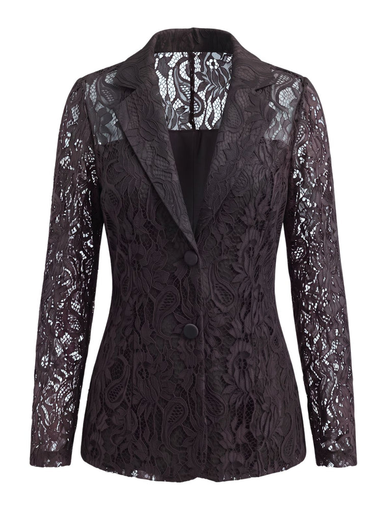 Giacca Nero Anni '50 Floreale in Pizzo con Bottoni Frontali Blazer Jacket