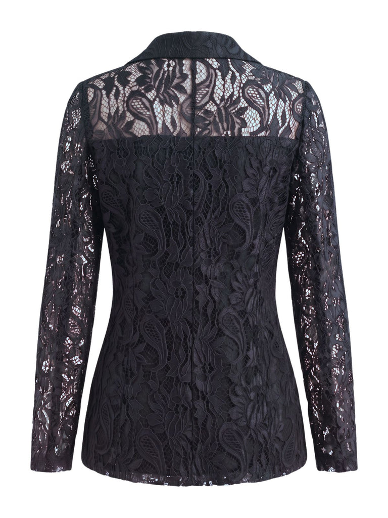 Giacca Nero Anni '50 Floreale in Pizzo con Bottoni Frontali Blazer Jacket 2