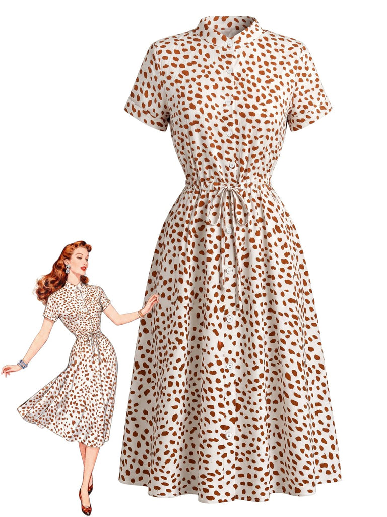 Abito Camicia in Cotone a Pois con Fiocco in Vita Anni '40