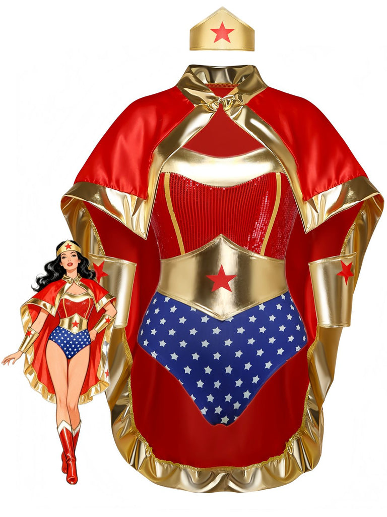 Mantella Rosso Anni '80 Star Supereroe Costume Body e Cape