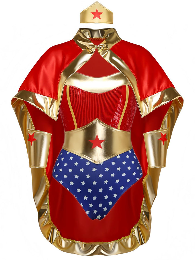 Mantella Rosso Anni '80 Star Supereroe Costume Body e Cape 2