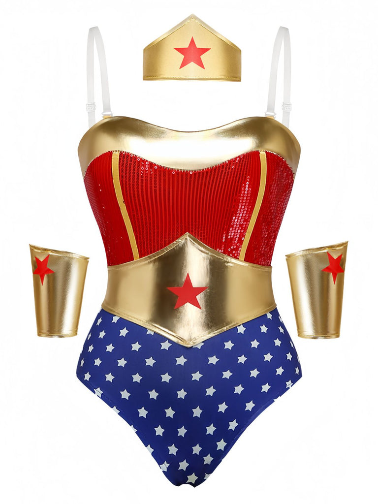 Mantella Rosso Anni '80 Star Supereroe Costume Body e Cape 3
