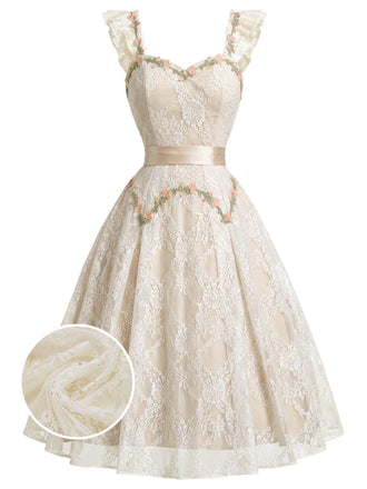 [Prevendita] Abito Beige Anni '50 Scollo a Cuore con Volant Floreale Ricamato in Pizzo