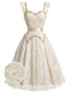 [Prevendita] Abito Beige Anni '50 Floreale Ricamato in Pizzo con Volant e Scollo a Cuore