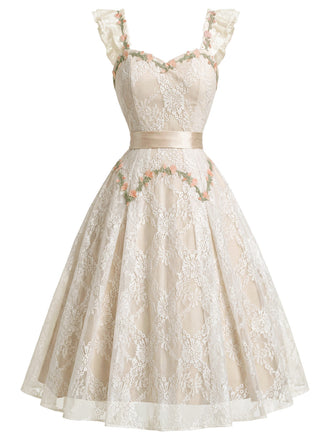 [Prevendita] Abito Beige Anni '50 Scollo a Cuore con Volant Floreale Ricamato in Pizzo 2
