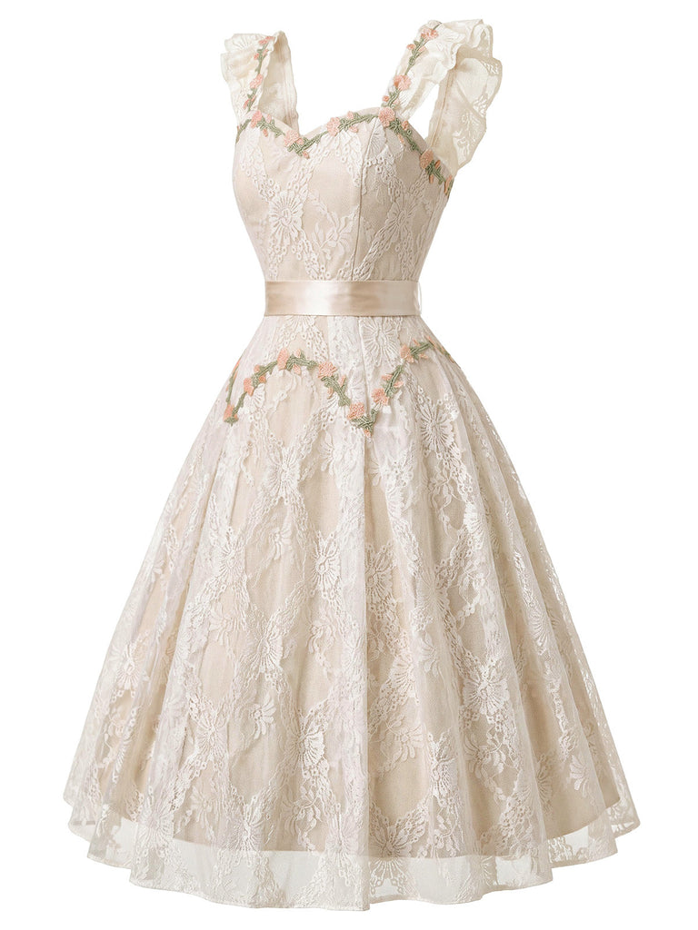 [Prevendita] Abito Beige Anni '50 Scollo a Cuore con Volant Floreale Ricamato in Pizzo 3