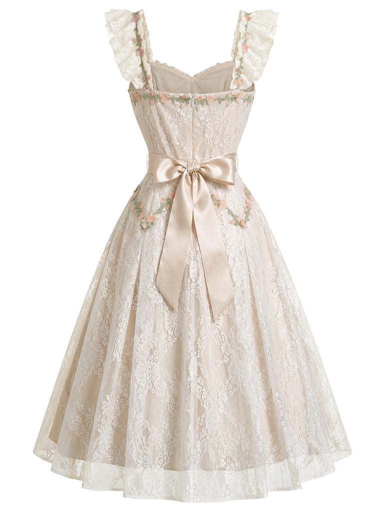 [Prevendita] Abito Beige Anni '50 Scollo a Cuore con Volant Floreale Ricamato in Pizzo 4