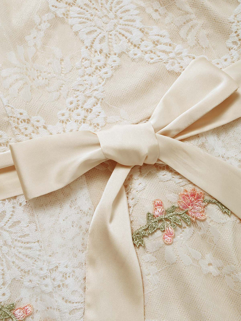 [Prevendita] Abito Beige Anni '50 Scollo a Cuore con Volant Floreale Ricamato in Pizzo 6
