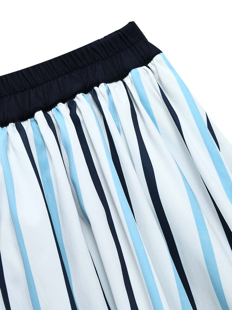 [Prevendita] 2PCS Gonna Deep Blue Anni '50 Fitted con Revers Blouse e Vertical a Righe 16