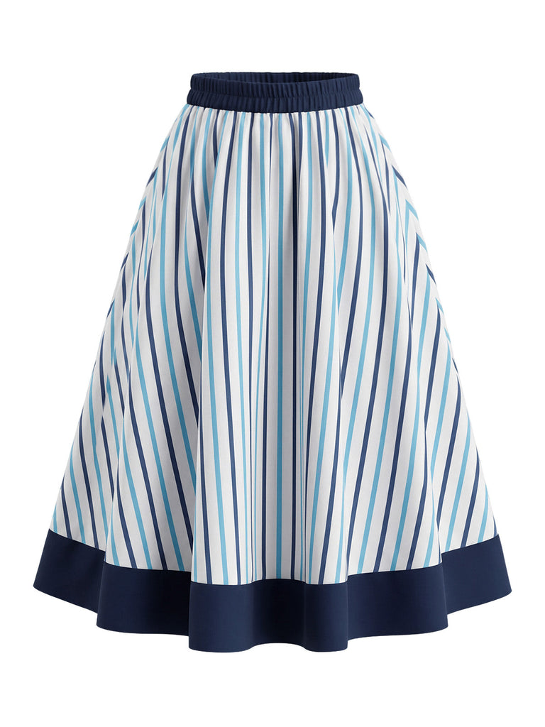 [Prevendita] 2PCS Gonna Deep Blue Anni '50 Fitted con Revers Blouse e Vertical a Righe 11
