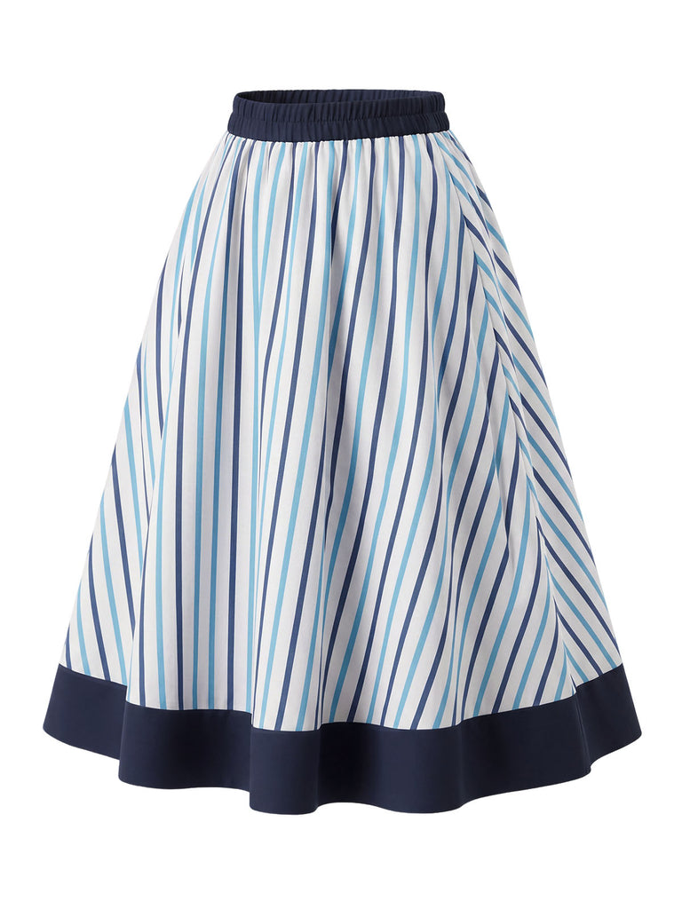 [Prevendita] 2PCS Gonna Deep Blue Anni '50 Fitted con Revers Blouse e Vertical a Righe 12