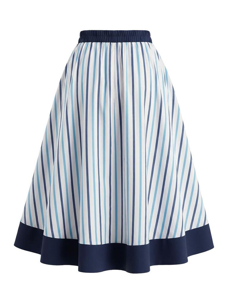[Prevendita] 2PCS Gonna Deep Blue Anni '50 Fitted con Revers Blouse e Vertical a Righe 13