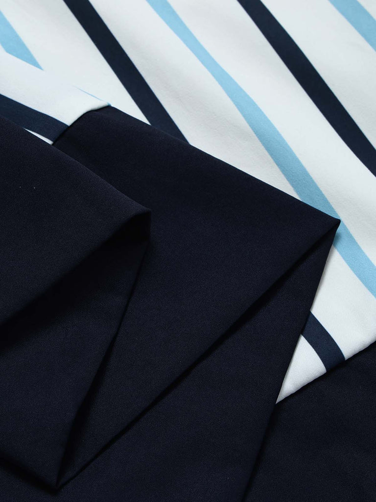 [Prevendita] 2PCS Gonna Deep Blue Anni '50 Fitted con Revers Blouse e Vertical a Righe 15